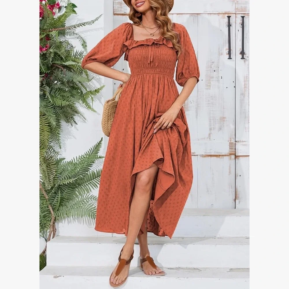 Rust Orange Smocked Midi Dress - Picture 1 of 7